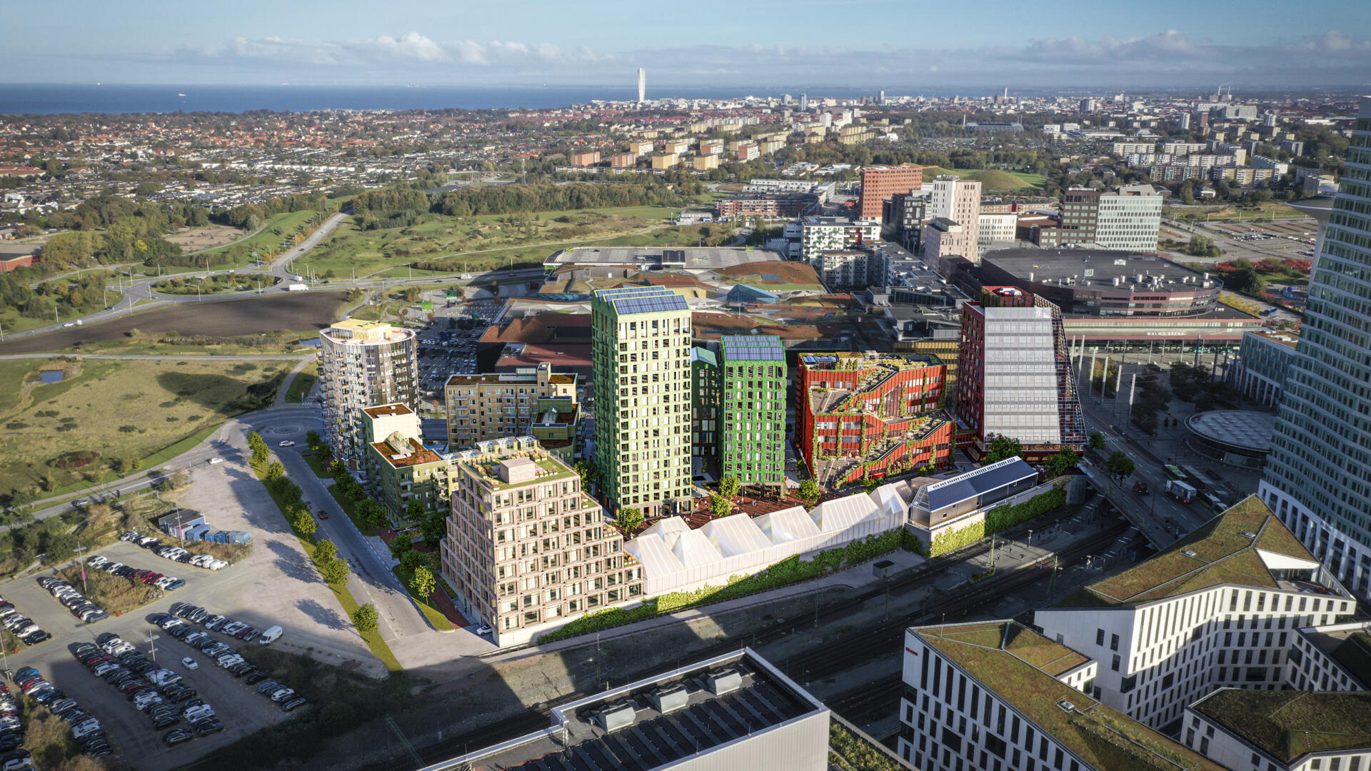 Visionsbild över de sju fastigheterna i Embassy of Sharing i Hyllie i Malmö